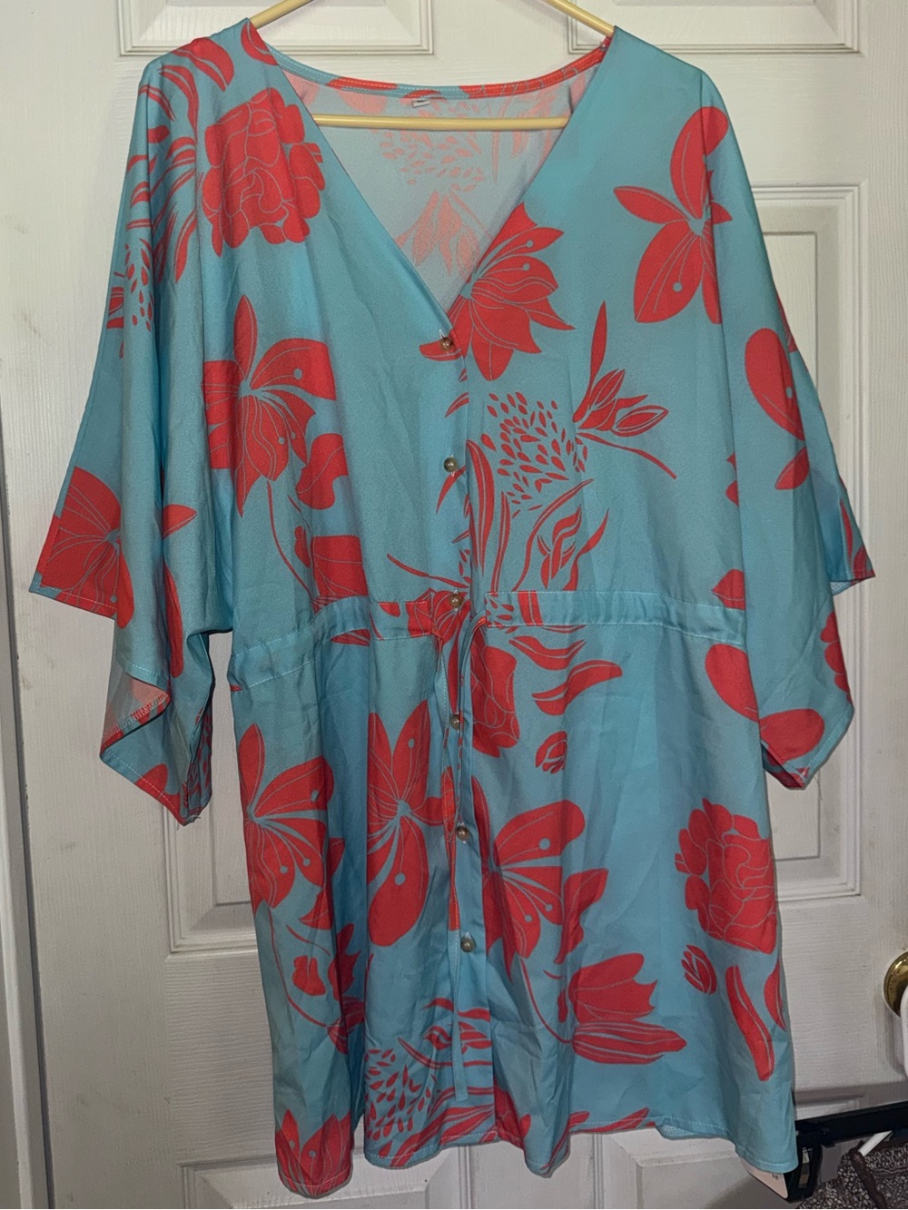 Turquoise Floral Button-Front Tunic Dress with Coral Print NWT - Picture 2 of 4